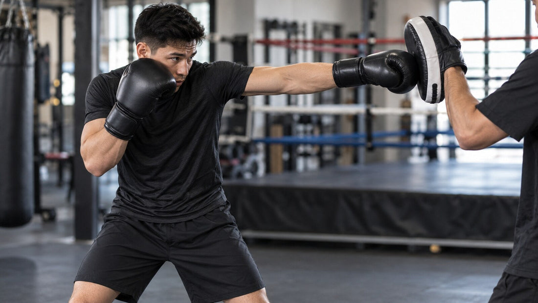 Boxeador practicando el golpe cross con manoplas en un gimnasio