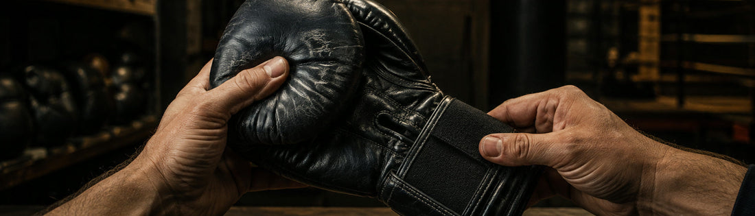 Manos inspeccionando el acolchado y el cierre de un guante de boxeo usado