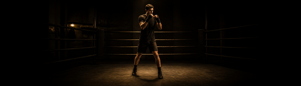 Boxeador principiante entrenando técnica en un ring oscuro