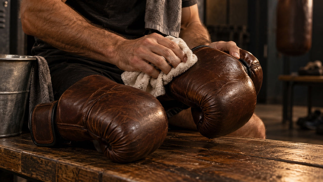 Manos limpian con un paño unos guantes de boxeo de piel sobre un banco de gimnasio