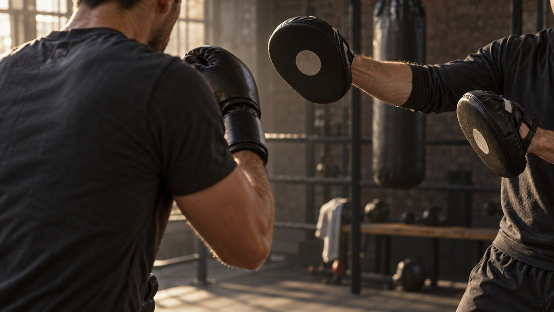 Boxeador ante una manopla en una escena conceptual de entrenamiento