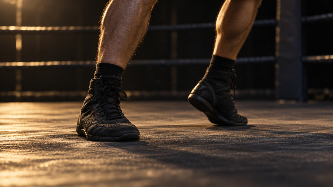 Escena conceptual de los apoyos de un boxeador sobre la lona durante un desplazamiento.