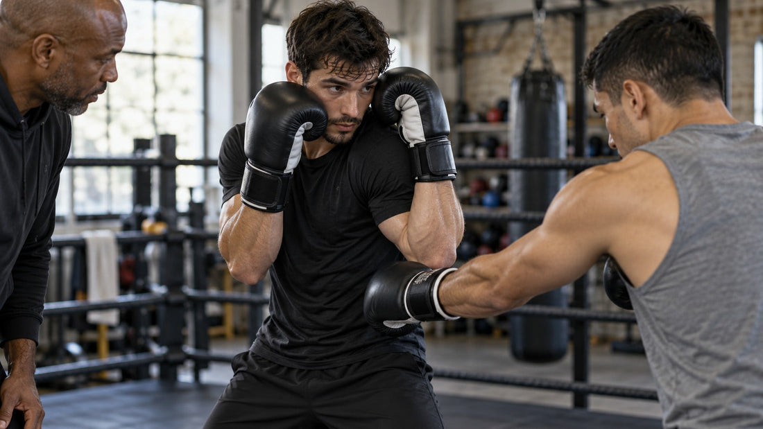 Escena conceptual: un boxeador mantiene las manos junto al rostro mientras un compañero marca una entrada al cuerpo y el entrenador observa.