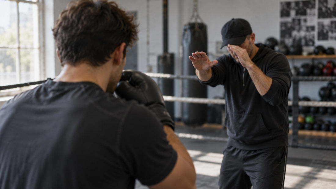 Ilustración conceptual de un ejercicio de atención visual y defensa sin contacto en un gimnasio de boxeo.
