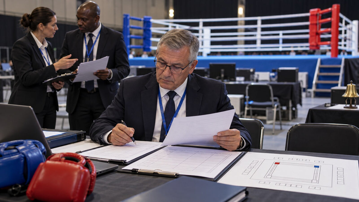 Oficiales ficticios revisan documentos de competición junto a un ring vacío en una escena conceptual