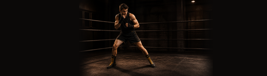 Boxeador practicando desplazamientos y pivotes con botas Echaleku Boxeo