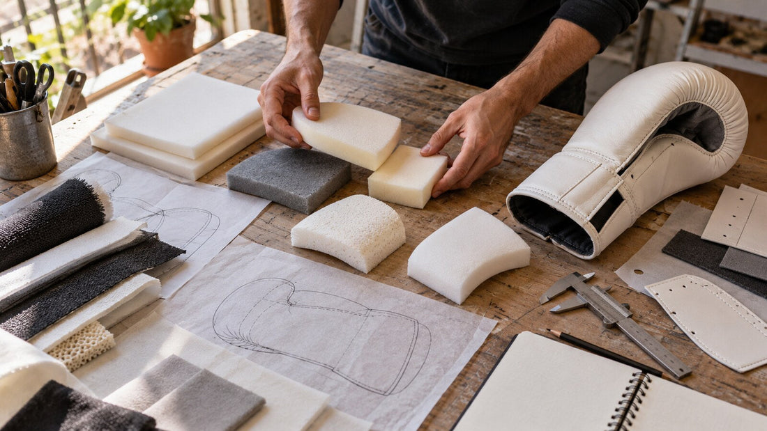 Manos ordenando muestras genéricas y bocetos conceptuales antes de diseñar un prototipo de guante.