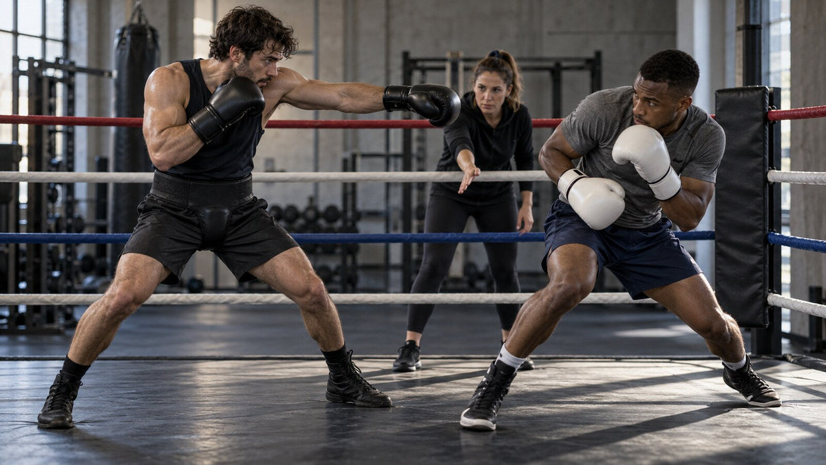 Dos boxeadores ficticios realizan sparring técnico condicionado bajo la supervisión de una entrenadora en un ring