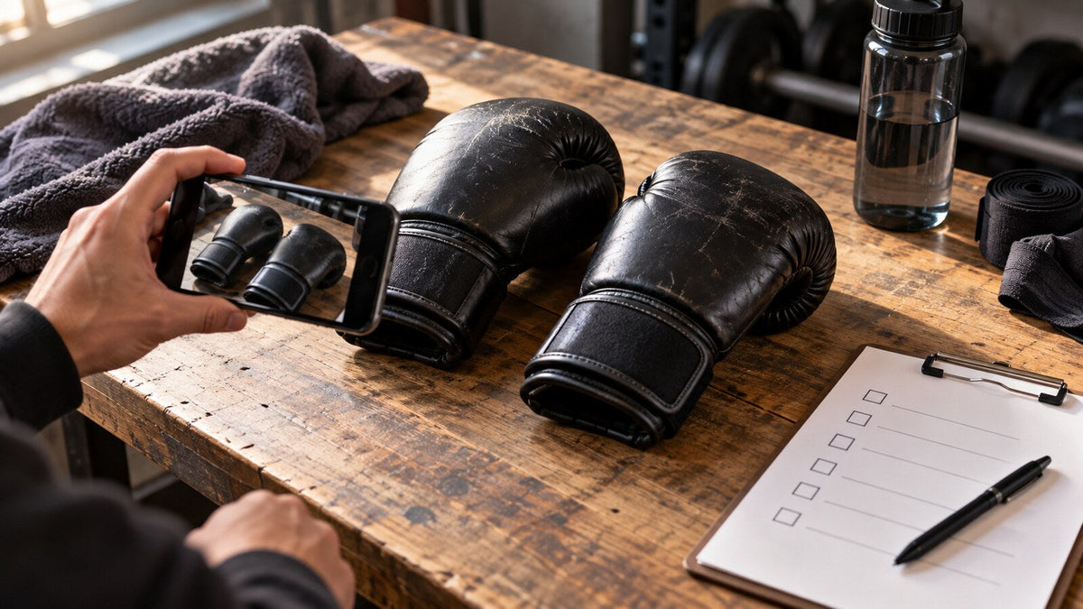Una persona fotografía unos guantes genéricos usados junto a una ficha de inspección sin texto.