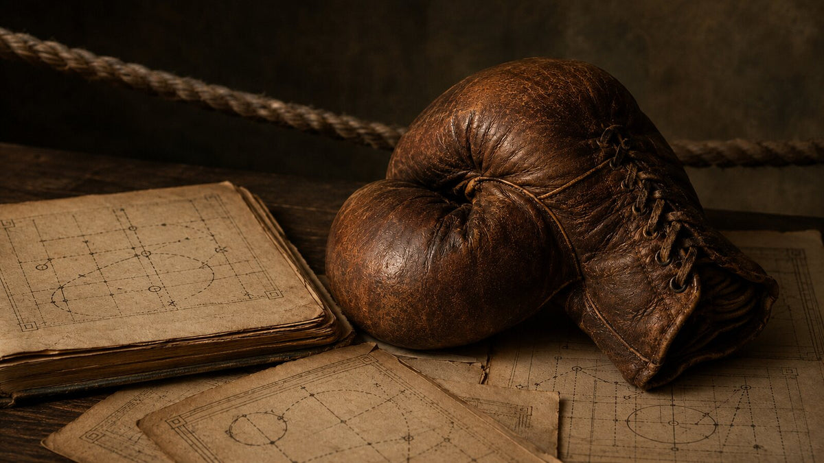 Guantes antiguos de boxeo sobre diagramas de desplazamiento inspirados en el siglo XIX