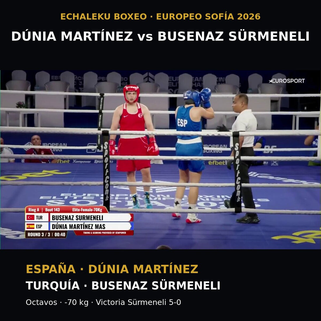 Dúnia Martínez y Busenaz Sürmeneli durante su combate del Europeo de Sofía 2026
