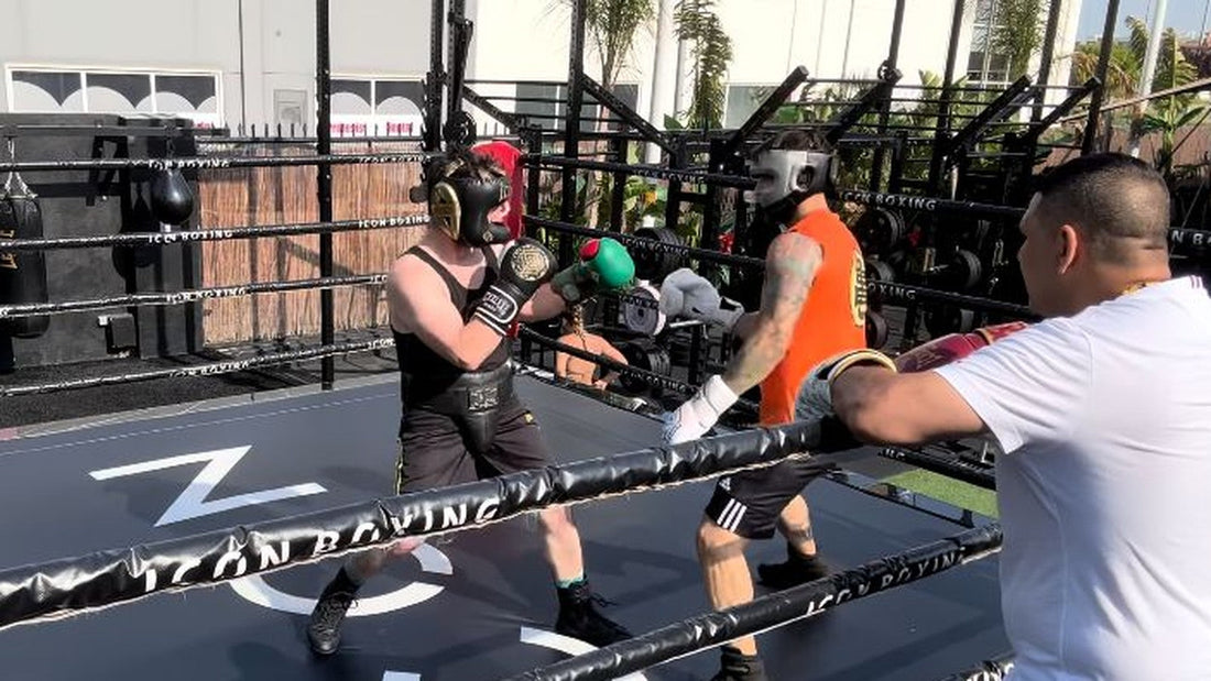 Dos boxeadores frente a frente, con casco y guantes, durante una sesión de sparring en Icon Valencia.