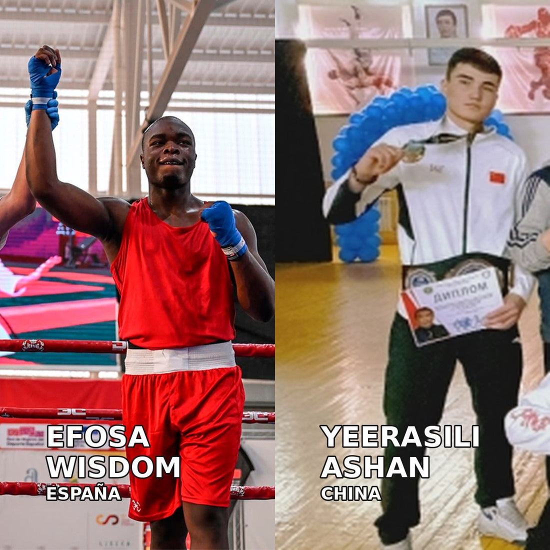 Composición de archivo de Efosa Wisdom (España), en el Abierto de Clubes de 2025, y Yeerasili Ashan (China), con su oro en Taraz en marzo de 2026.