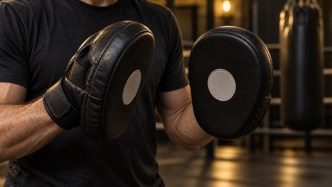 Entrenador utilizando correctamente dos manoplas curvas sin marca durante una sesión de boxeo