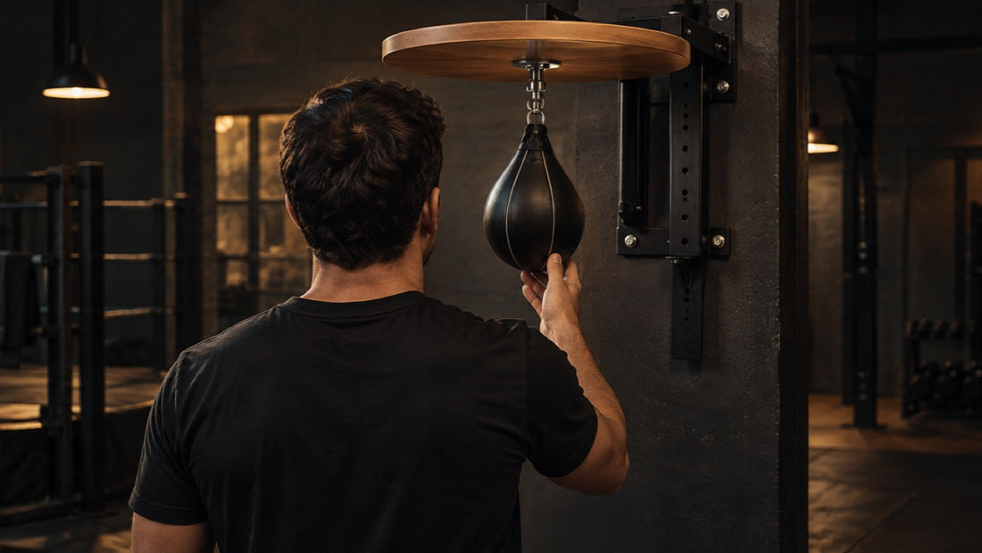 Boxeador comprueba la altura de una pera rápida y la estabilidad de su plataforma