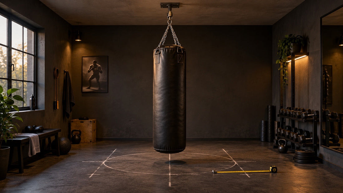 Saco de boxeo sin marca instalado en una sala de entrenamiento doméstica