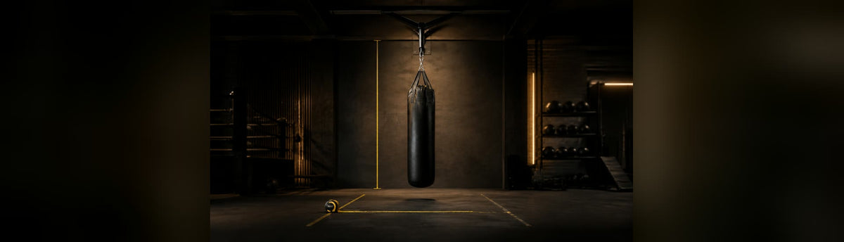 Saco de boxeo colgado con referencias visuales de altura, fijación y espacio libre