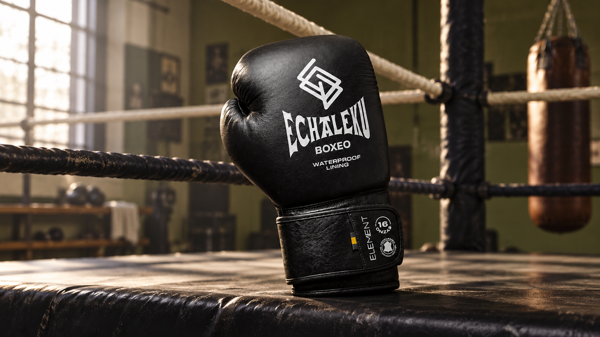 Guante ELEMENT negro y plata de ECHALEKU BOXEO apoyado en el borde de un ring recreado.