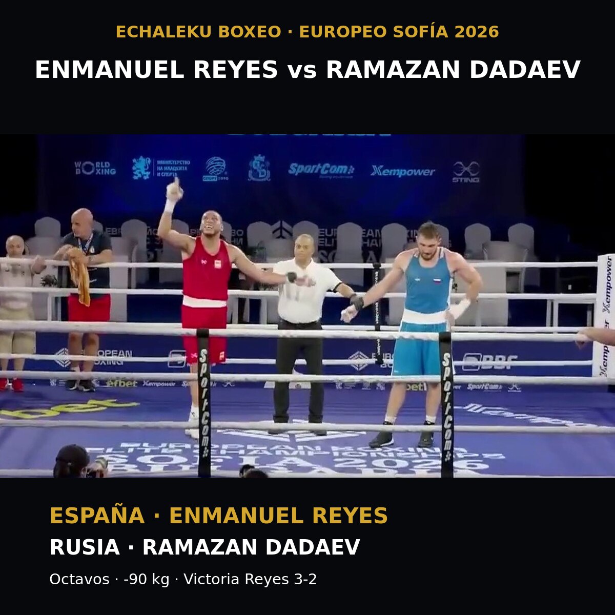Enmanuel Reyes y Ramazan Dadaev tras su combate del Europeo de Sofía 2026