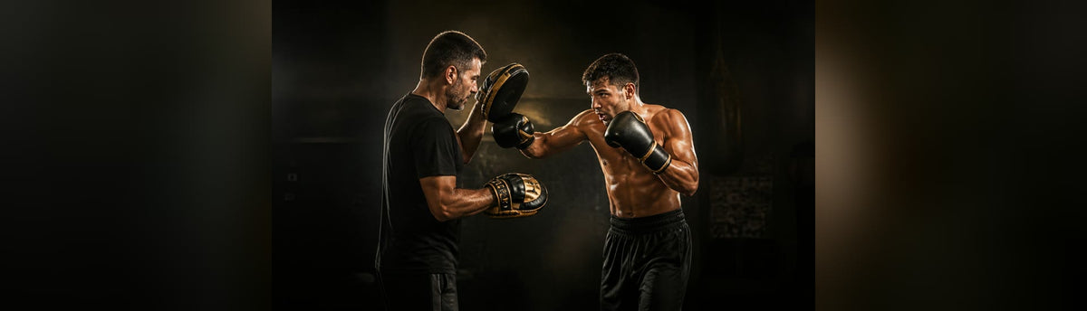 Boxeador y entrenador trabajando con manoplas y una consigna técnica clara