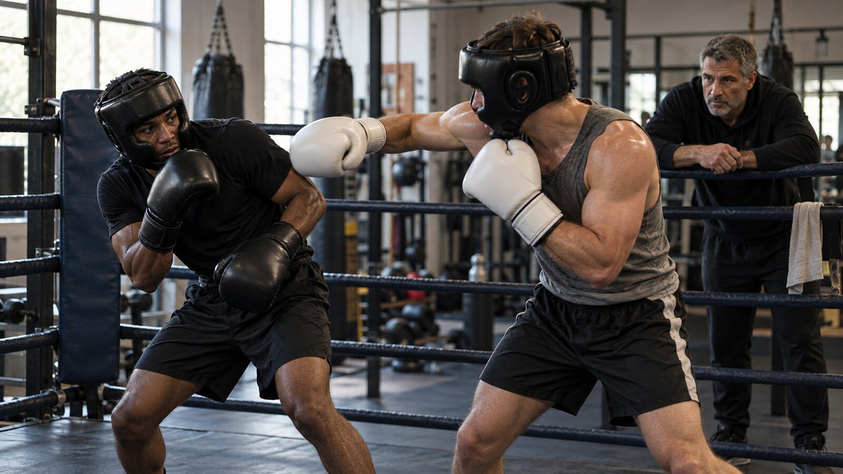 Dos boxeadores con experiencia practican una recuperación de posición mientras el entrenador observa desde las cuerdas