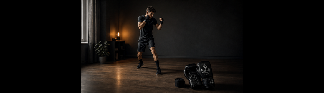 Persona practicando boxeo en casa junto a guantes Echaleku Boxeo