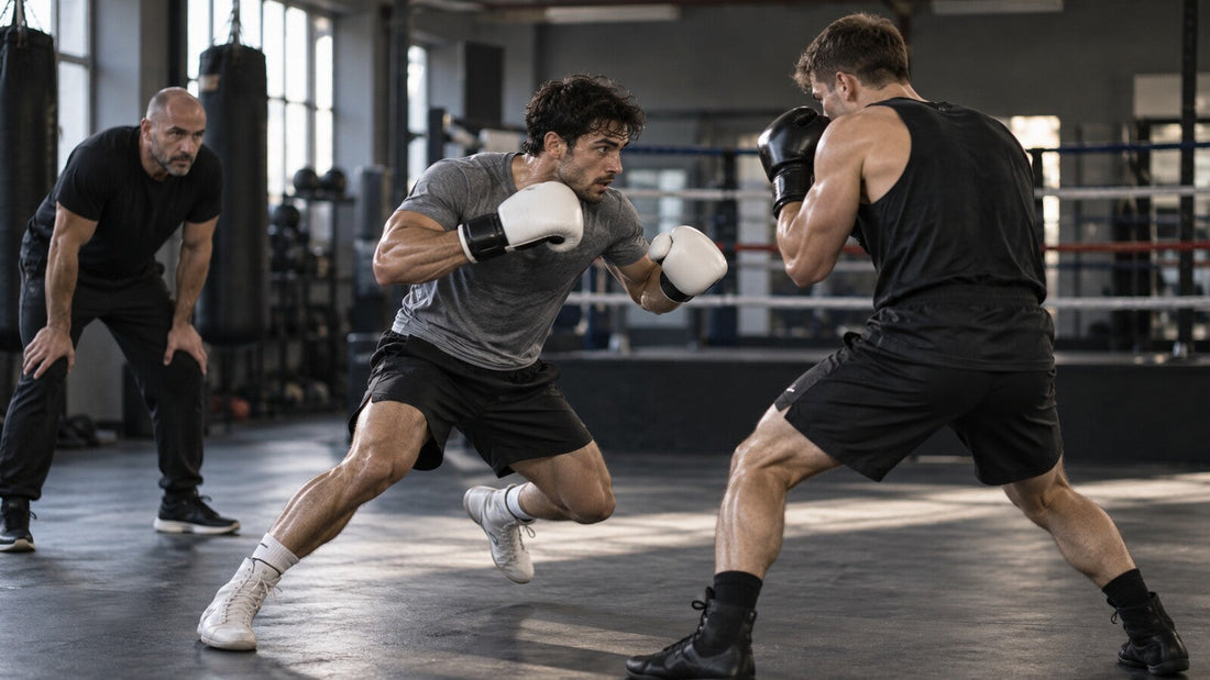 Dos boxeadores practican un cambio de ritmo controlado mientras un entrenador observa