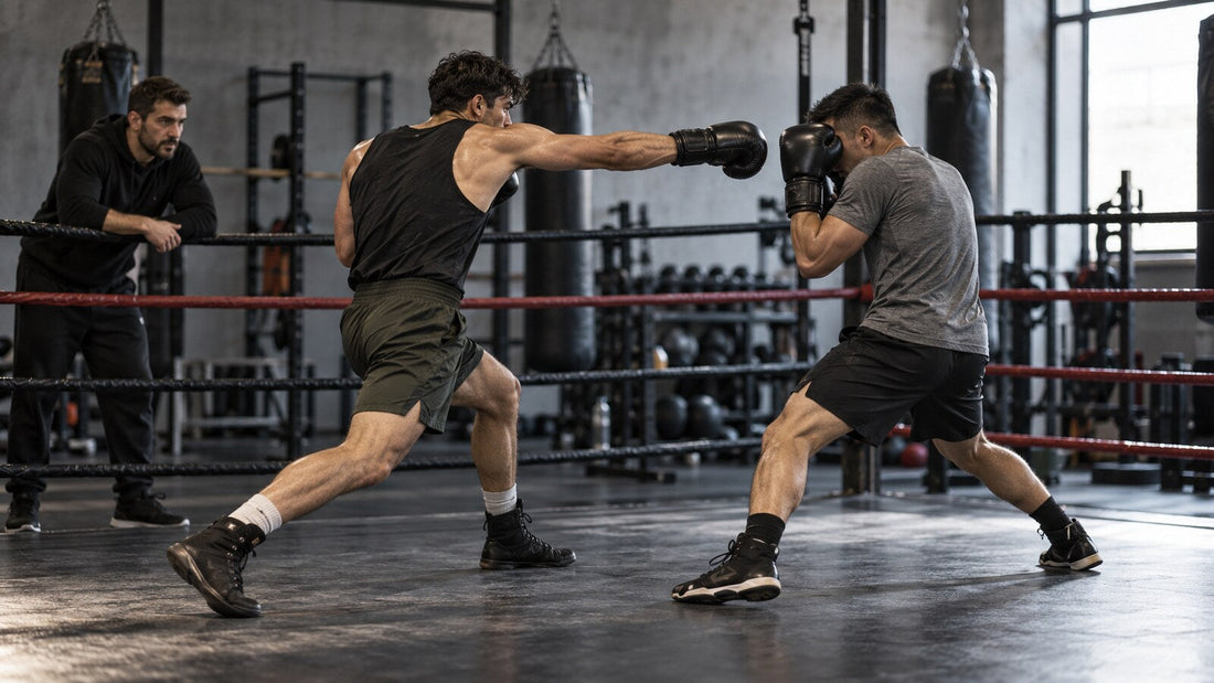 Dos boxeadores practican una entrada controlada mientras un entrenador observa desde el lateral