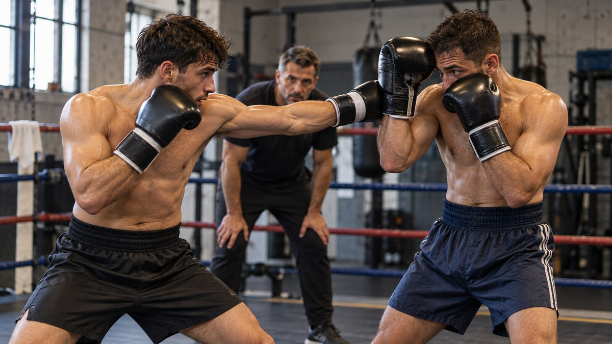 Dos boxeadores practican una segunda intención tras una primera defensa bajo supervisión del entrenador