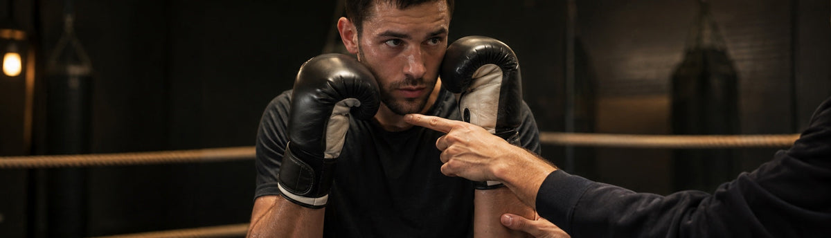 Boxeador principiante ajustando la guardia con ayuda de su entrenador