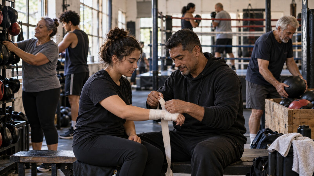 Un miembro experimentado ayuda a una nueva compañera a vendarse mientras el grupo ordena el gimnasio.