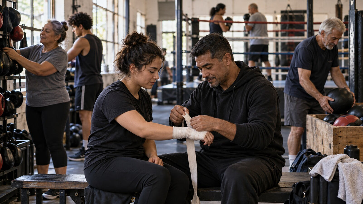 Un miembro experimentado ayuda a una nueva compañera a vendarse mientras el grupo ordena el gimnasio.