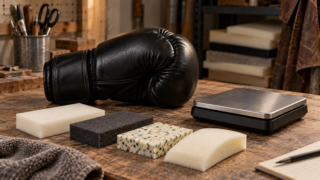 Ilustración conceptual de un guante de boxeo genérico, muestras de espuma y una báscula sobre una mesa de trabajo.