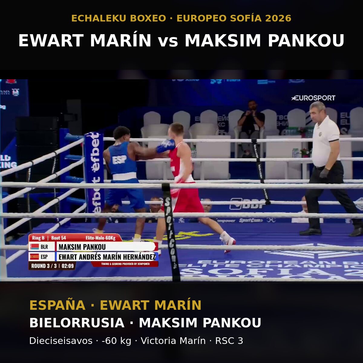 Ewart Marín frente a Maksim Pankou en el Europeo de boxeo de Sofía 2026