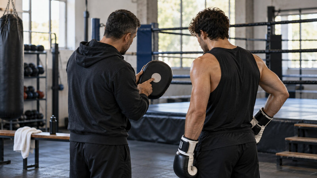 Entrenador y boxeador revisan una consigna breve junto al ring durante una práctica técnica.