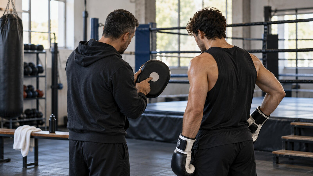 Entrenador y boxeador revisan una consigna breve junto al ring durante una práctica técnica.