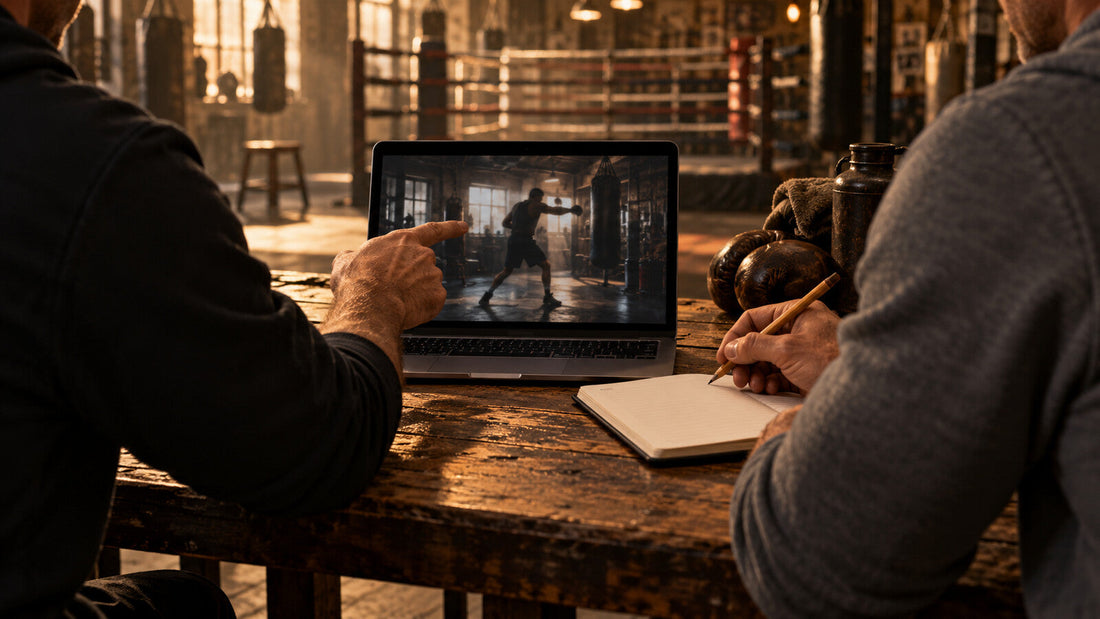 Escena conceptual de dos entrenadores revisando un vídeo de boxeo y tomando notas; no representa una sesión real de Echaleku.