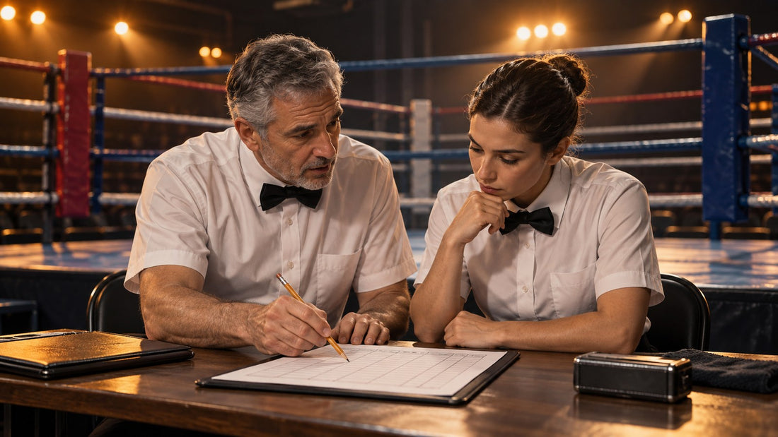Ilustración conceptual de dos oficiales revisando una tarjeta de práctica junto a un ring de boxeo.