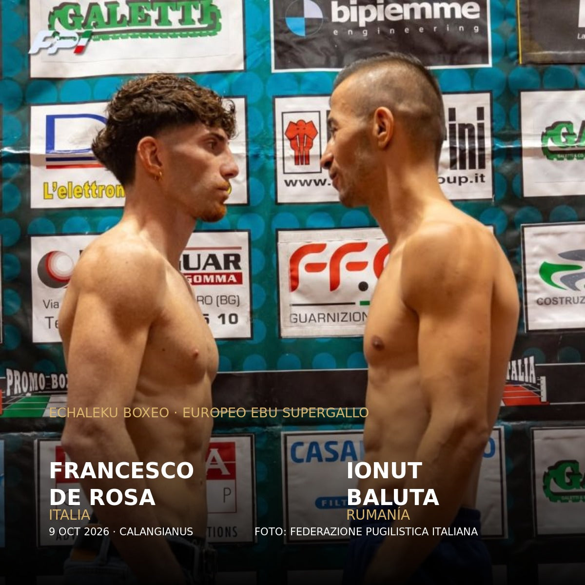 Francesco De Rosa e Ionut Baluta en el pesaje de su europeo EBU supergallo en Calangianus. Foto: Federación Italiana.