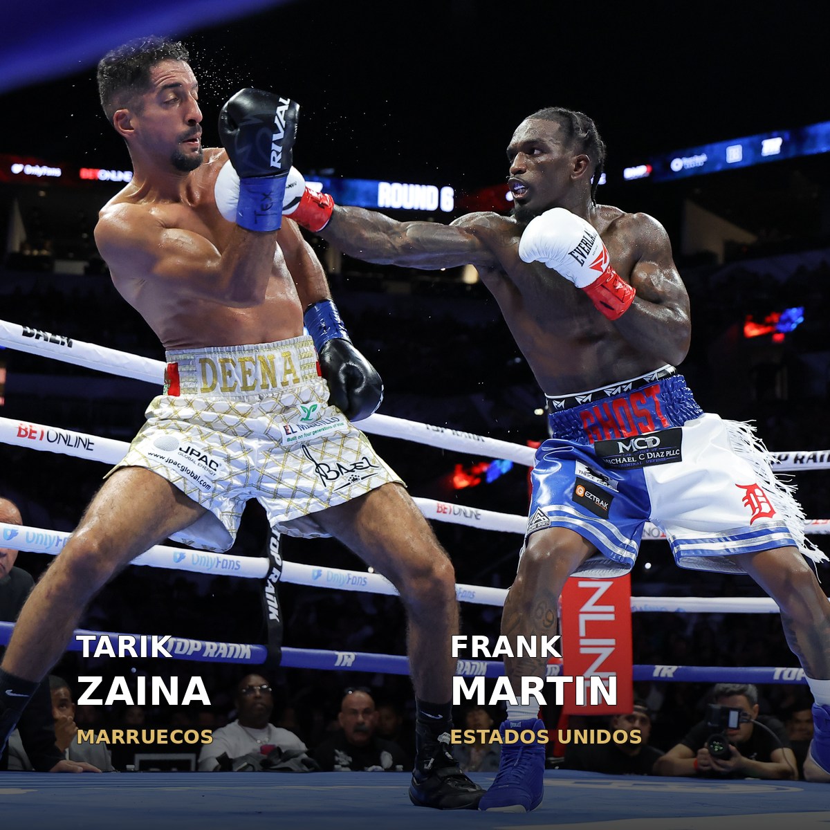 Tarik Zaina, a la izquierda, y Frank Martin boxean en San Antonio durante su combate por el título NABO superligero, el 24 de octubre de 2026.