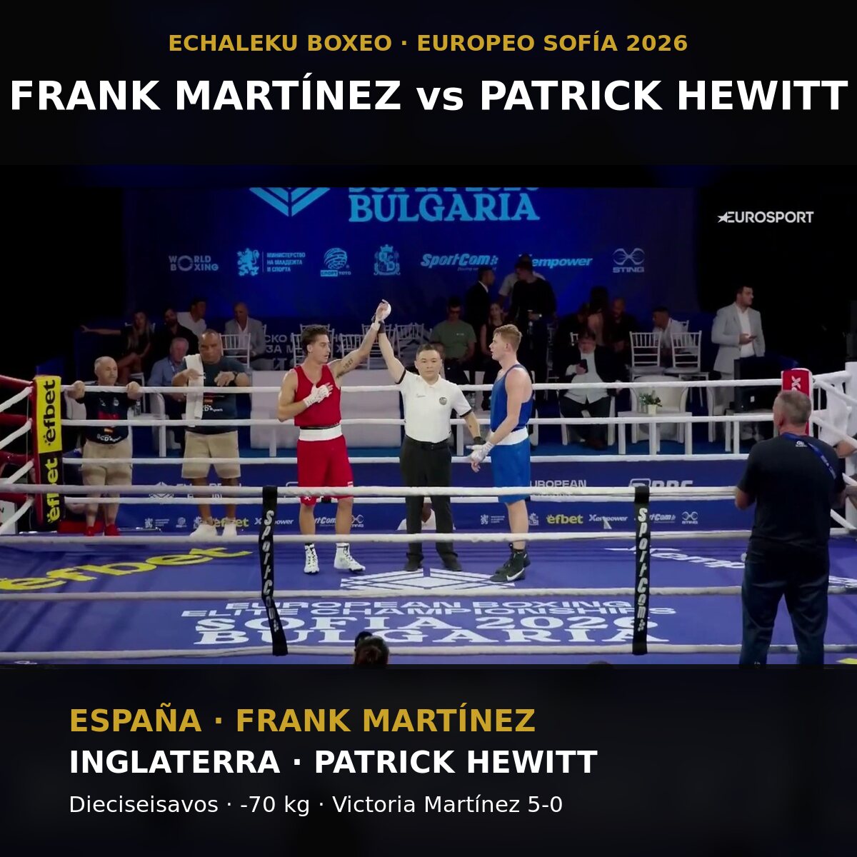 Frank Martínez y Patrick Hewitt tras su combate en el Europeo de boxeo de Sofía 2026