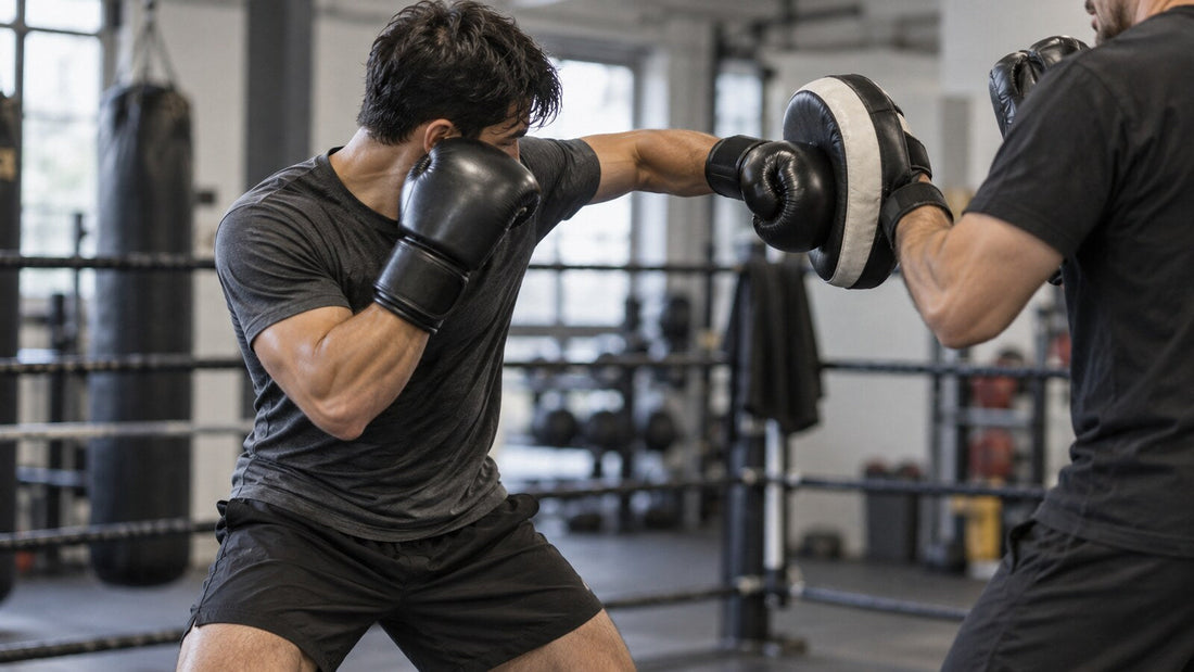 Boxeador practicando un gancho corto con manoplas en un gimnasio