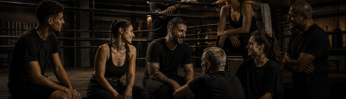 Grupo de boxeadores compartiendo el final del entrenamiento en un gimnasio de boxeo