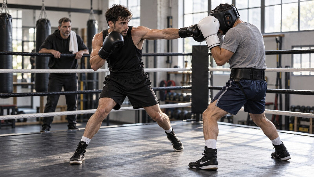 Dos boxeadores practican una combinación y salida diagonal bajo supervisión de un entrenador