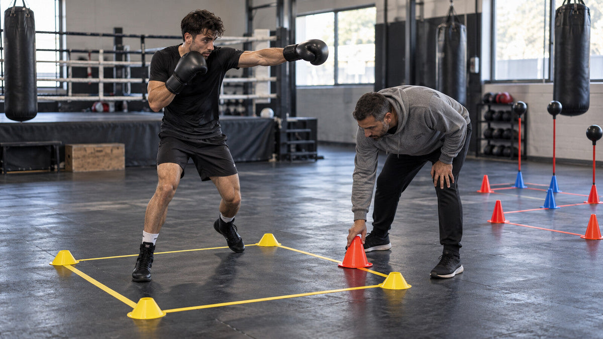 Boxeador practica un ejercicio de desplazamiento mientras el entrenador modifica una sola restricción del espacio.