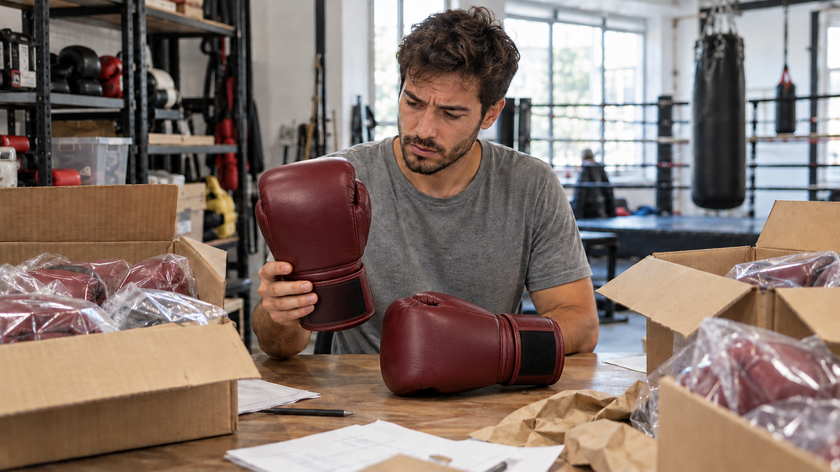 Recreación con IA de un emprendedor revisando su primer pedido de guantes de boxeo.