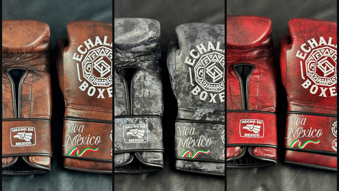 Tres pares de guantes Viva México muestran la piel, las costuras, la palma y el cierre de velcro