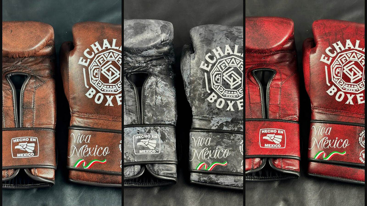 Tres pares de guantes Viva México muestran la piel, las costuras, la palma y el cierre de velcro