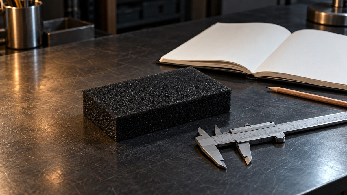 Bodegón conceptual con una muestra de espuma, un calibre y un cuaderno en blanco; no representa pruebas ni materiales reales de Echaleku.