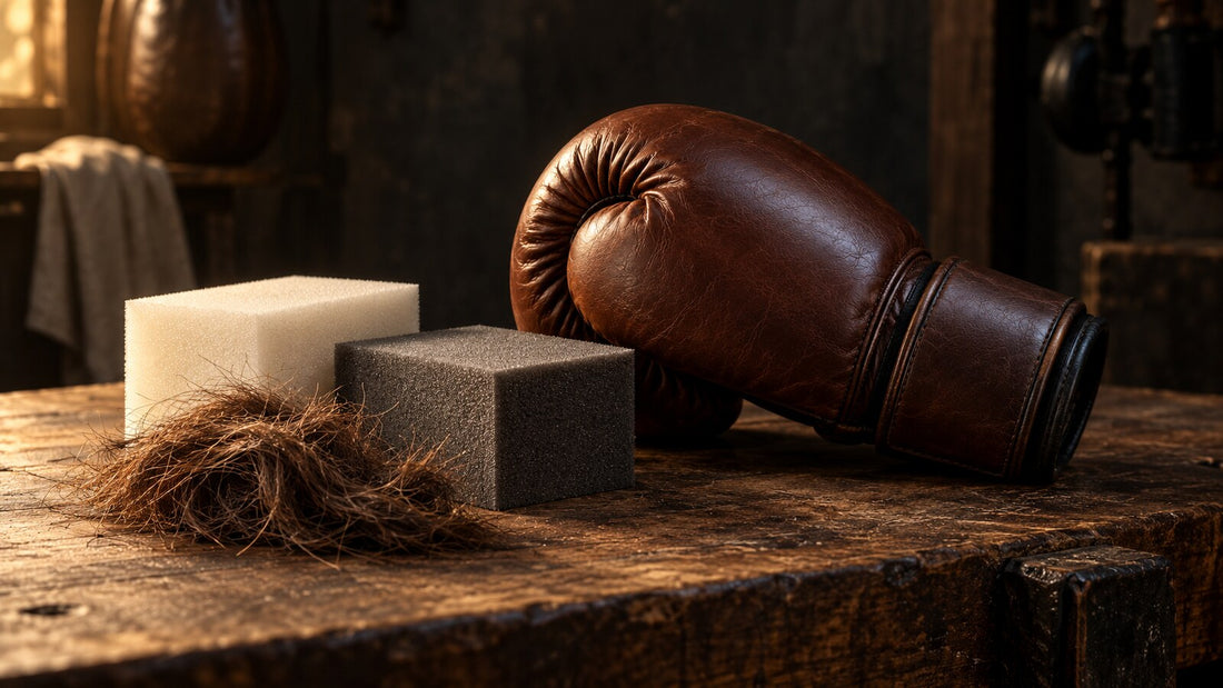 Ilustración conceptual de un guante de boxeo junto a crin y muestras de espuma; no representa un prototipo Echaleku